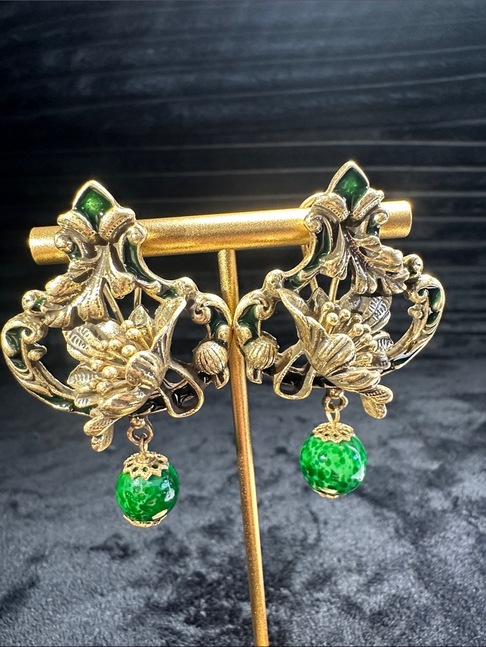 Kenneth Jay Lane Gold Filigree Earrings with Green Drop Beads